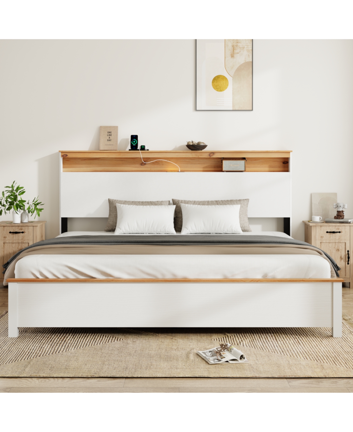 Streamdale Furniture King Bed Frame with Built-In Charging Station in Rustic White