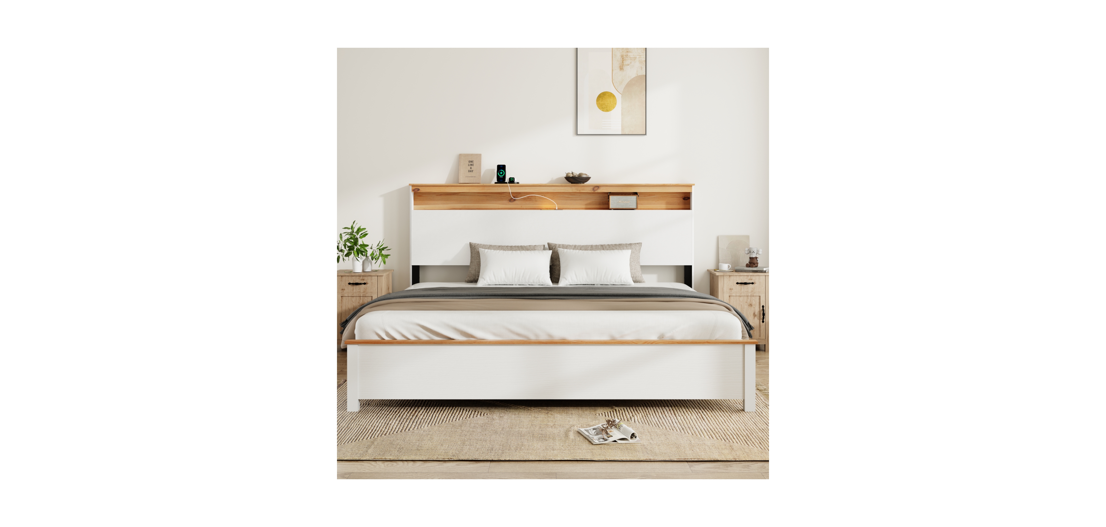 Streamdale Furniture King Bed Frame with Built-In Charging Station in Rustic White