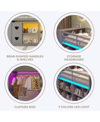  Kids' Pine Loft Bed with Storage, Stairs & LED Lights