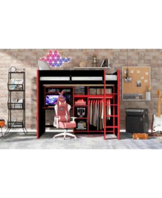 Full Size Wood Loft Bed with Desk Wardrobe Storage & RGB Lights Red