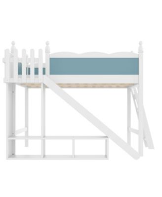 Queen Loft Bed with Storage Shelves, Cabinet, Slide & Ladder (Blue/White)