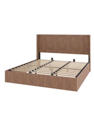 Large grooved undulating lift storage bed frame, rustic brown (King)