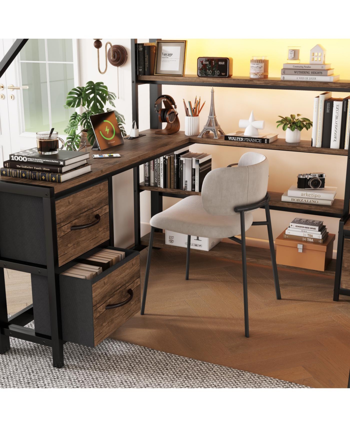 Streamdale Queen Size Loft Bed with Desk, Led, Shelves, Wardrobe & Drawers