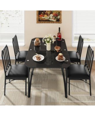 Modern Glass Dining Table Set with Upholstered Chairs, Chamfered Edge, Durable Tempered Glass, Small Apartment