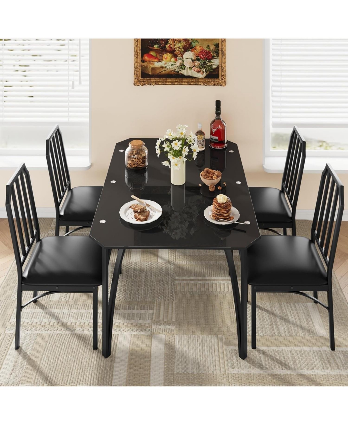 gaomon Modern Glass Dining Table Set with Upholstered Chairs, Chamfered Edge, Durable Tempered Glass, Small Apartment