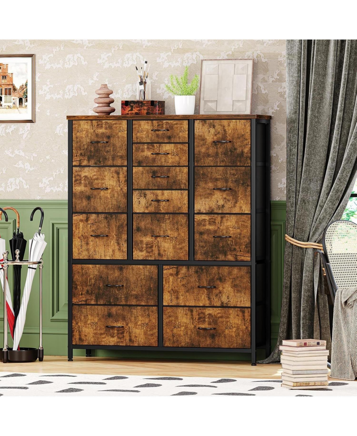 gaomon 15-Drawer Modern Tall Dresser, 48" Fabric Storage Chest, Steel Frame, Wood Top, Bedroom, Closet, Living Room