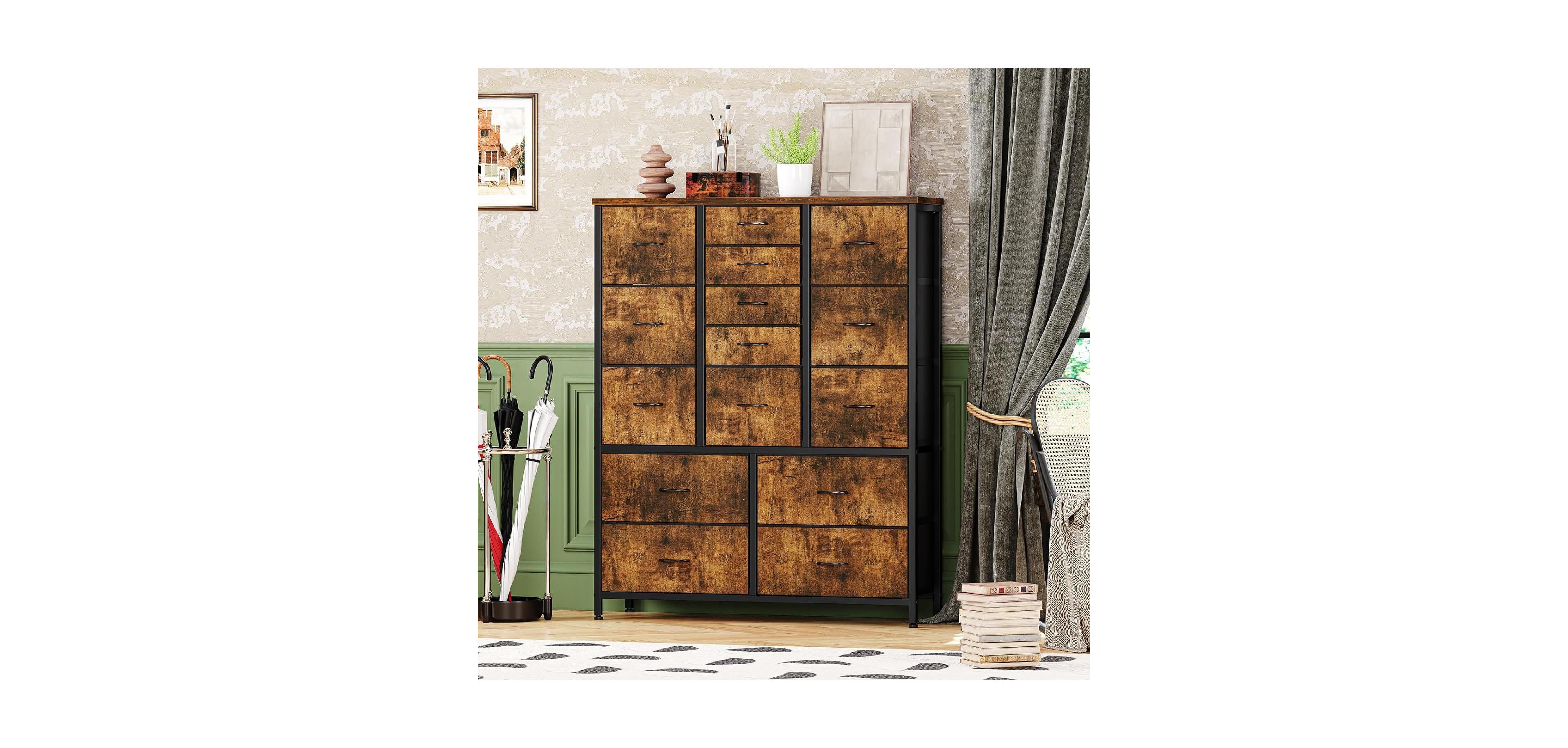 gaomon 15-Drawer Modern Tall Dresser, 48" Fabric Storage Chest, Steel Frame, Wood Top, Bedroom, Closet