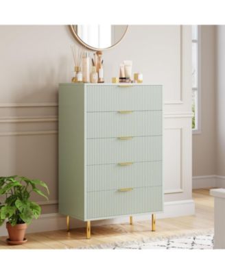 5-Drawer Modern Green Dresser, Wood Chest Organizer with Gold Handle, Tall Cabinet for Bedroom, Living Room, Entryway