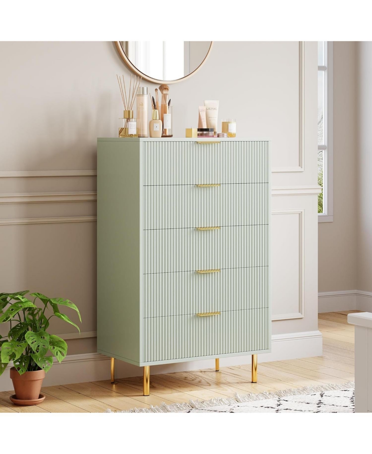 gaomon 5-Drawer Modern Green Dresser, Wood Chest Organizer with Gold Handle, Tall Cabinet for Bedroom, Living Room, Entryway