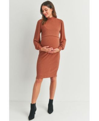 Maternity Double Layer Mock Neck Ribbed Nursing Dress