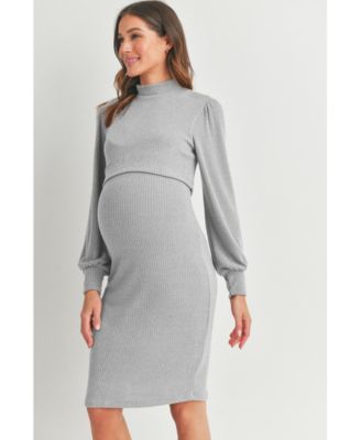 Maternity Double Layer Mock Neck Ribbed Nursing Dress