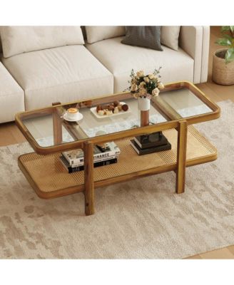 2-Tier Rustic Coffee Table with Storage Tempered Glass Tabletop PE Rattan Shelf