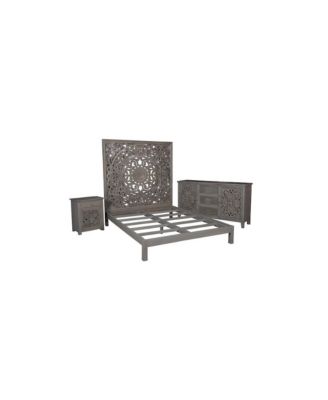 Mandala Hand Carved Motif Queen Bed, Gray