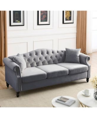 Grey Velvet Chesterfield Sofa with Tufted Couch
