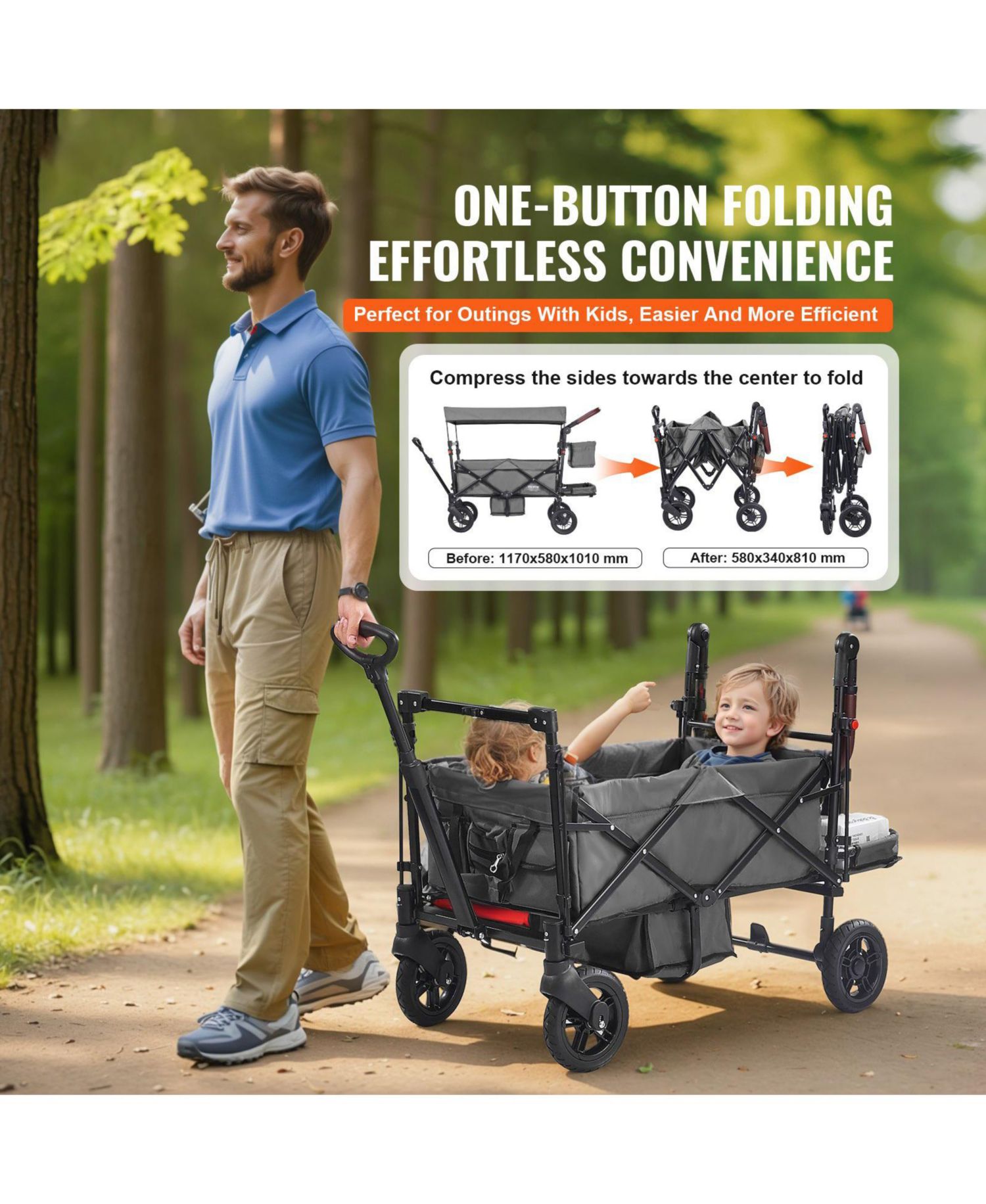 SUGFIT Wagon Stroller for 2 Kids Folding Push-Pull Stroller with Canopy Grey