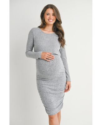Maternity Long Sleeve Ribbed Side Ruched Nursing Dress