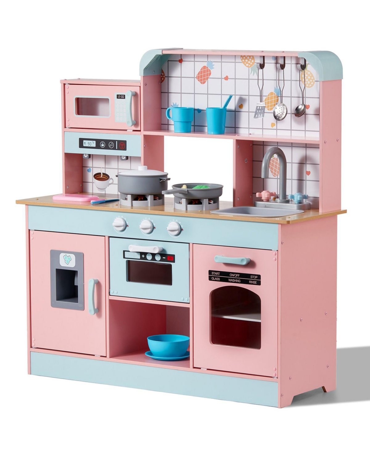 Sugift Wooden Play Kitchen Set with Electronic Sounds & Led Lights, Pink