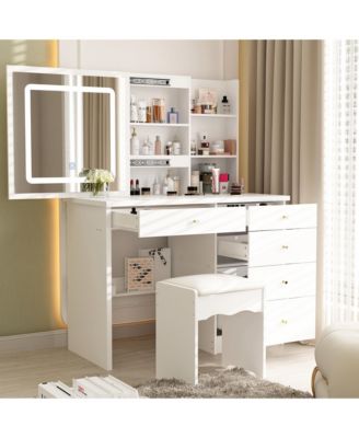 5-Drawers White Makeup Vanity Sets Dressing Table Sets with LED Dimmable Mirror, Stool and 3-Tier Storage Shelves
