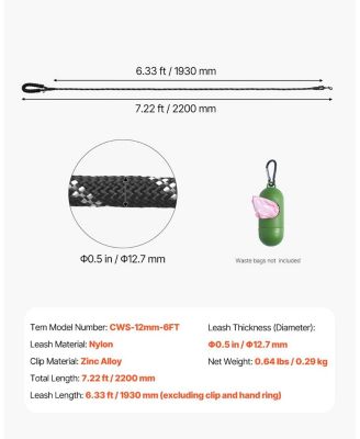 Heavy-Duty Reflective Rope Dog Leash, 6', Black