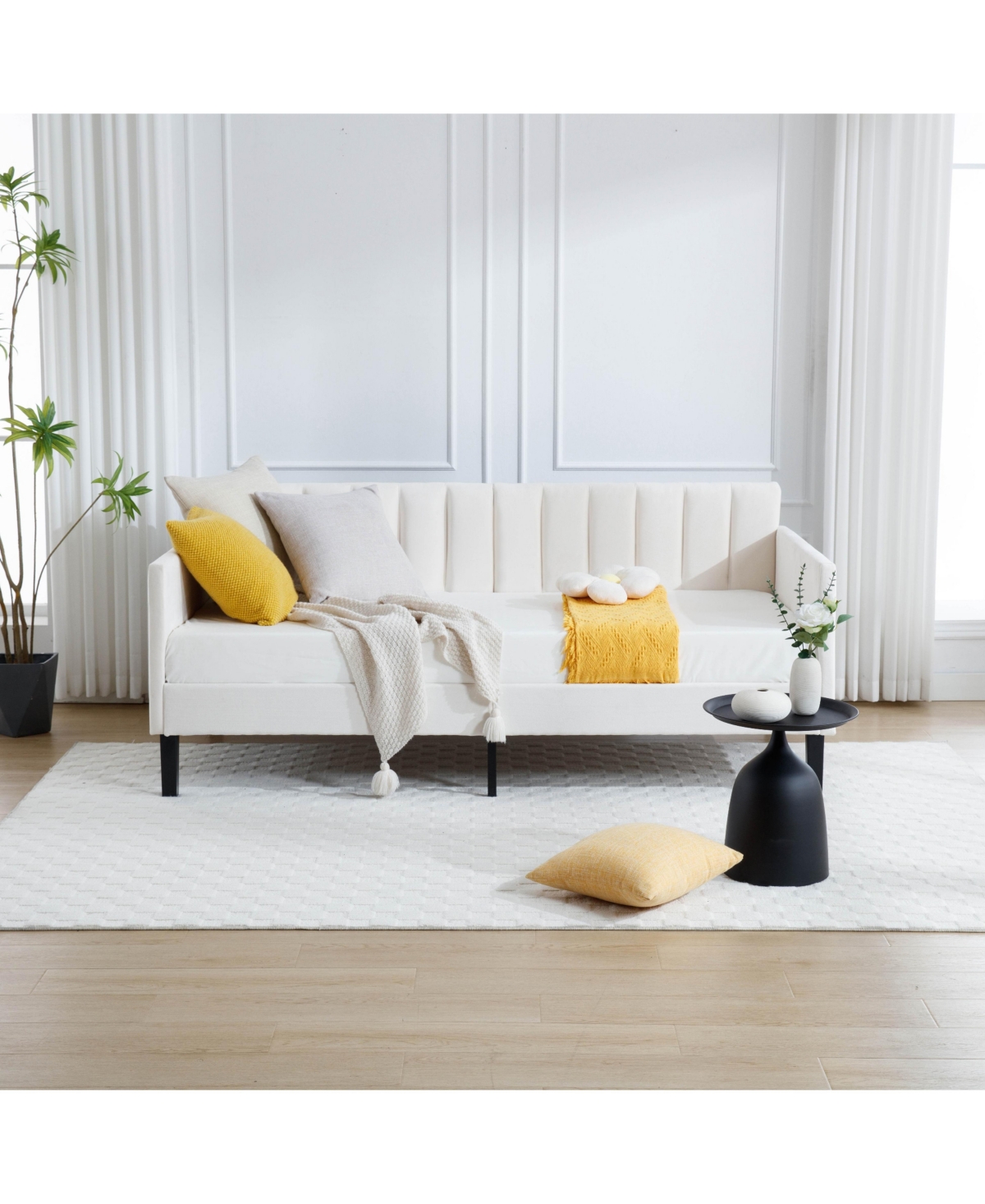 Lovmor Elena Twin Size Beige Velvet Upholstered Daybed Ribbed Tufted Backrest Daybed in Lavish Modern Design Richly Hued Foam Comfort