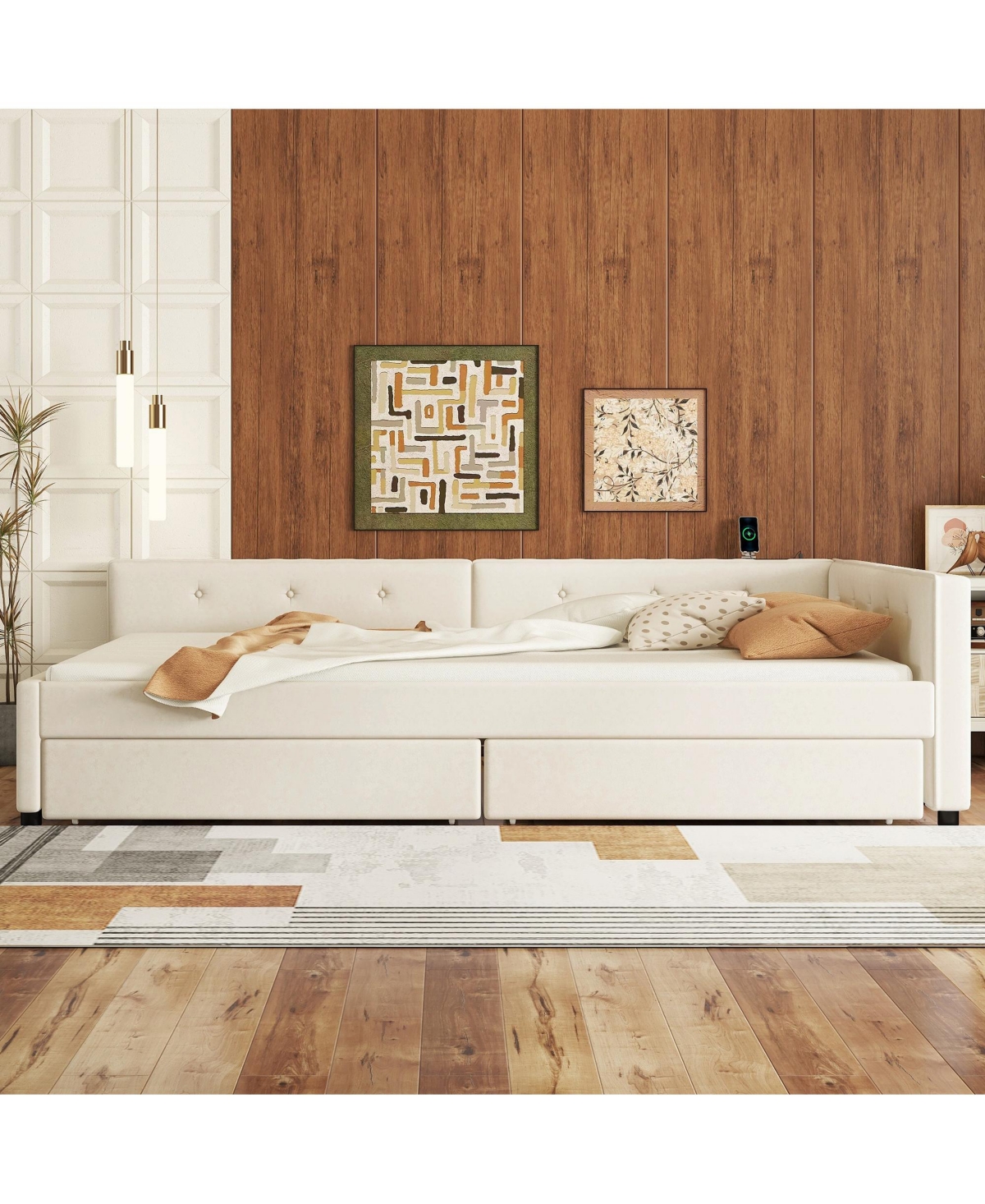 Lovmor Full Size Upholstered Platform Bed with Usb and 2 Drawers Beige