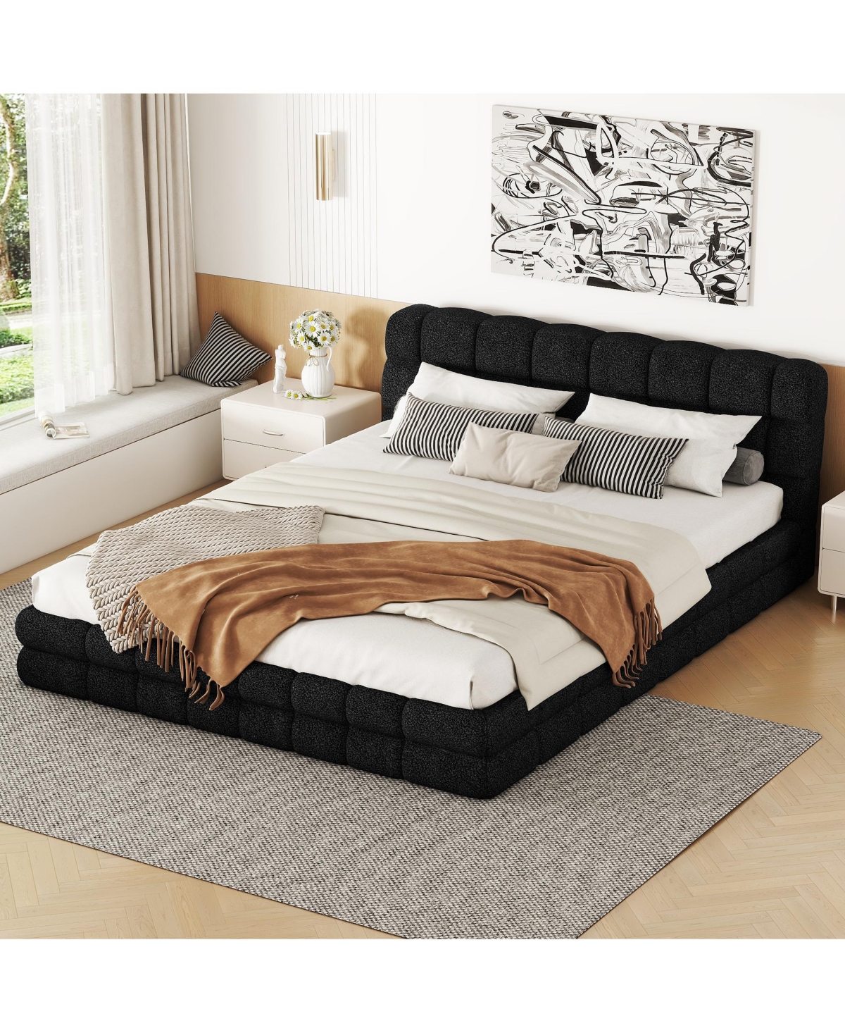 Lovmor Queen Size Upholstered Platform Bed Black