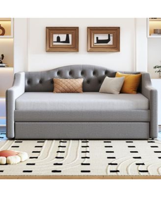 Upholstered Full XL Size Daybed with LED Belt and Trundle Gray