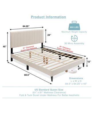 Cream White Upholstered Queen Platform Bed Frame Tufted Channel Headboard Mid-Century Bedroom Furniture No Box Spring Required Cream