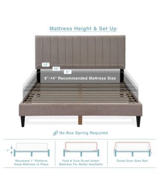Gray Upholstered Queen Platform Bed Frame Tufted Channel Headboard Mid-Century Bedroom Furniture No Box Spring Required