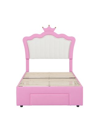 Twin Size Upholstered Bed Frame with LED Lights Modern Upholstered Princess Bed with Crown Headboard a Drawer