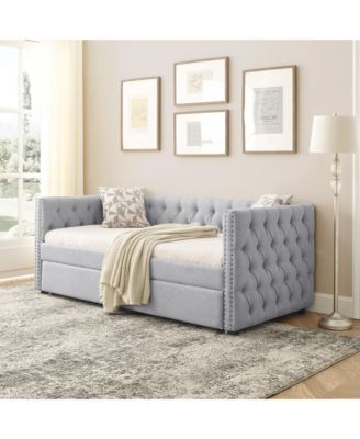 Daybed with Trundle, Twin Size, Upholstered Tufted Sofa Bed with Button & Copper Nail Accents on Square Arms