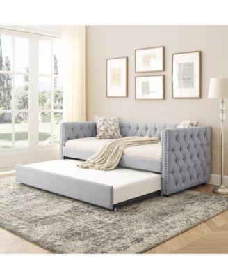 Daybed with Trundle, Twin Size, Upholstered Tufted Sofa Bed with Button & Copper Nail Accents on Square Arms