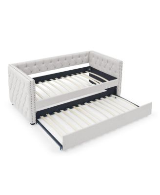 Daybed with Trundle Upholstered Tufted Sofa Bed with Button and Copper Nail on Square Arms both Twin Size Beige