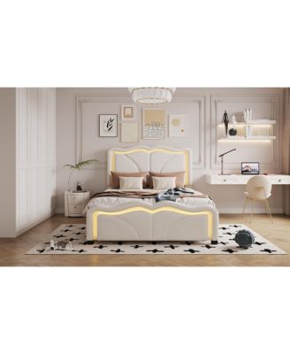 Twin Size Upholstered Platform Bed with Curve Shaped and Height-adjustbale Headboard LED Light Strips White