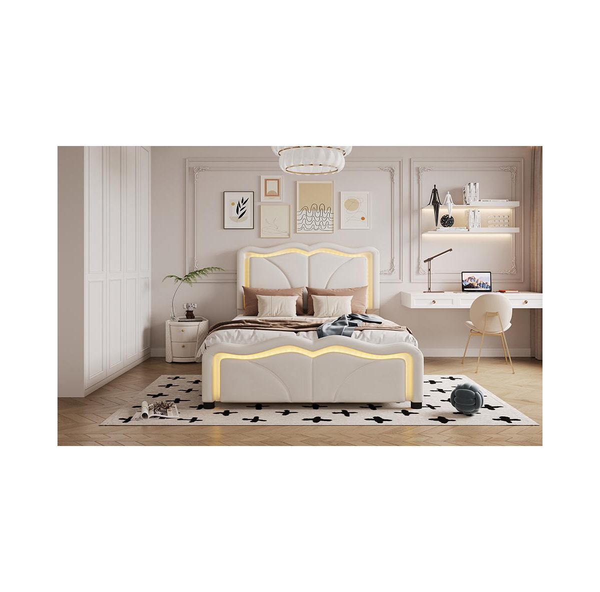 Lovmor Twin Size Upholstered Platform Bed with Curve Shaped and Height-adjustbale Headboard Led Light Strips White