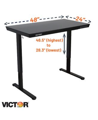 Hi Rise Standing Desk with Drawer, Black Glass Top, 48x24" Desk, Electric Powered Height Adjustment with Two USB Charging Ports