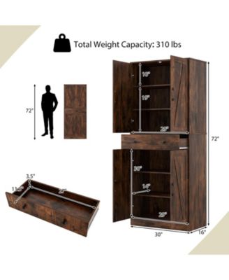 72" Tall Kitchen Pantry Modern Farmhouse Cupboard Cabinet with 4 Barn Doors