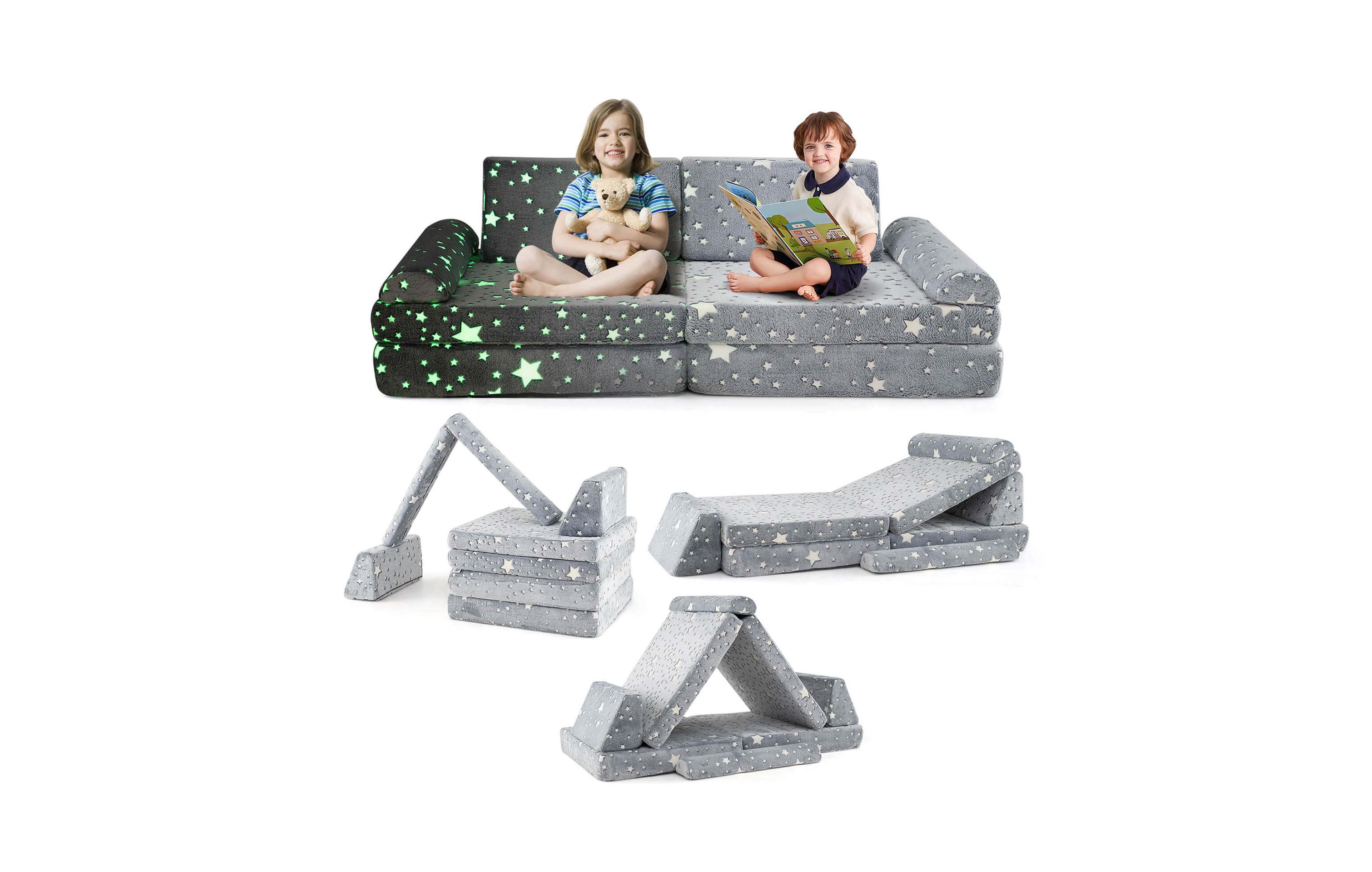 Costway 8 Pcs Modular Kids Play Couch with Handles Machine Washable Covers for Building Fort