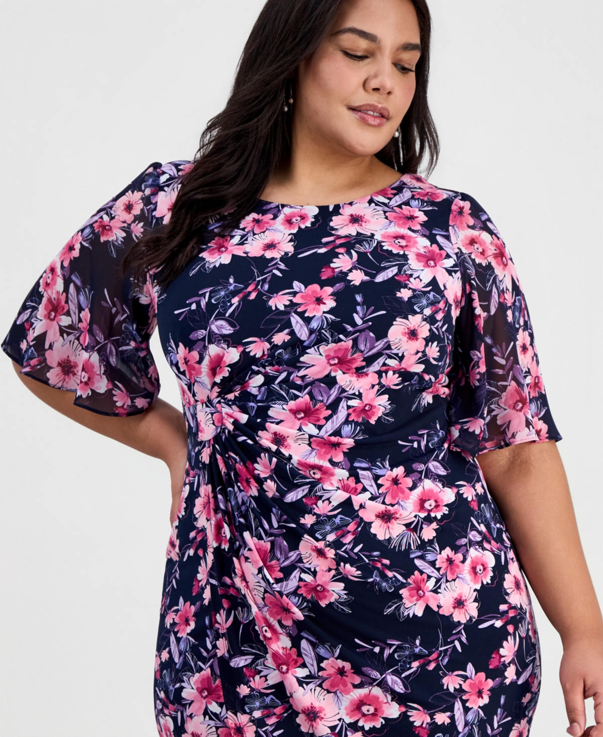 Connected Plus Printed Flutter-Sleeve Sheath Dress