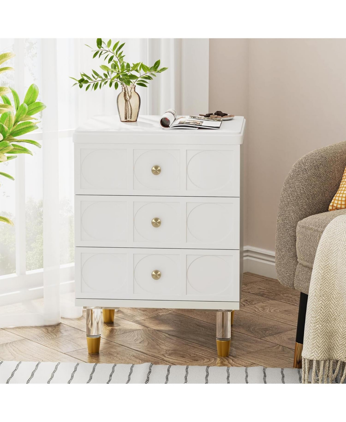 Tribesigns 3-Drawer Nightstand, White and Gold Nightstand