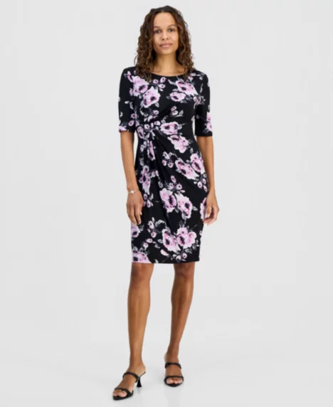 Petite Floral Twist-Front Elbow-Sleeve Dress - Lil