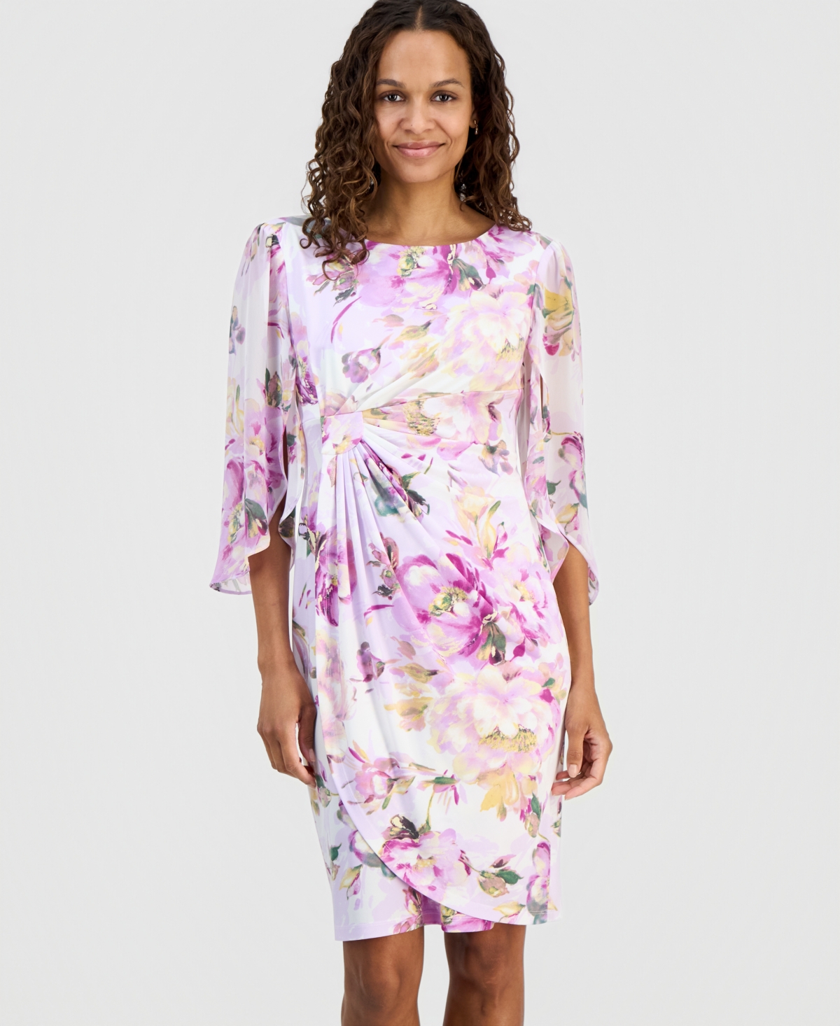 Connected Petite Floral Gathered-Front Cape-Sleeve Dress