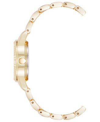 Women's Quartz Crystal Accented Black Dial Round Gold-Tone Alloy Metal Watch Set, 26mm