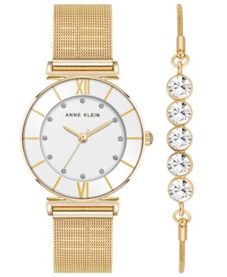 Women's Quartz Round Gold-Tone Stainless Steel Mesh Watch Set, 32mm