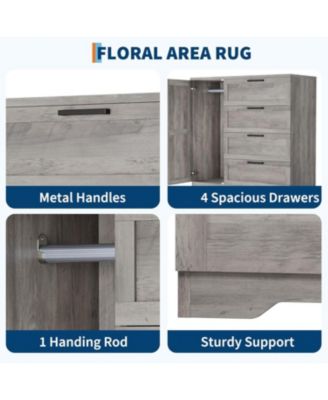 4-Drawer Modern Wood Dresser with Wardrobe Closet, Hanging Rod Storage Cabinet for Bedroom, Multifunctional Armoire Organizer