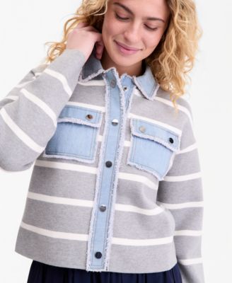 Women's Denim-Trim Striped Cardigan Jacket