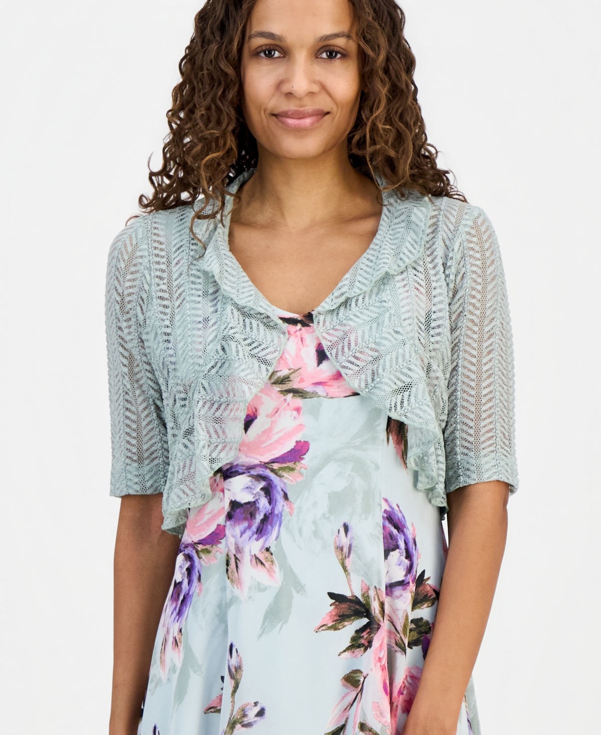 Connected Petite 2-Pc. Floral Chiffon Sleeveless Dress and Ruffle-Front Jacket