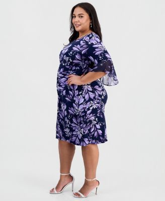 Plus Size Floral Side-Ruched 3/4-Sleeve Dress