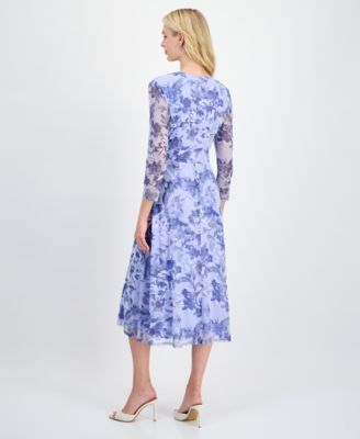 Women's Floral Mesh-Sleeve Side-Tie Wrap Dress