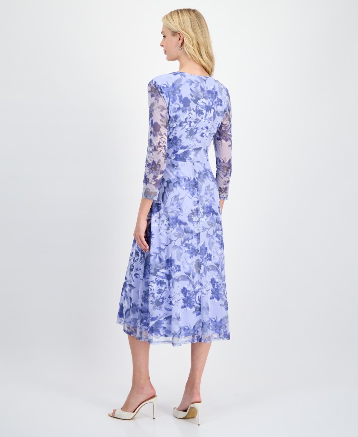 Connected Women's Floral Mesh-Sleeve Side-Tie Wrap Dress